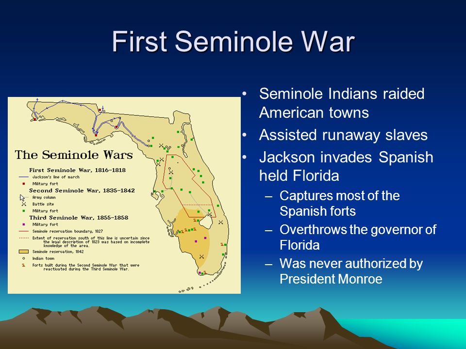 First Seminole War Seminole Indians raided American towns