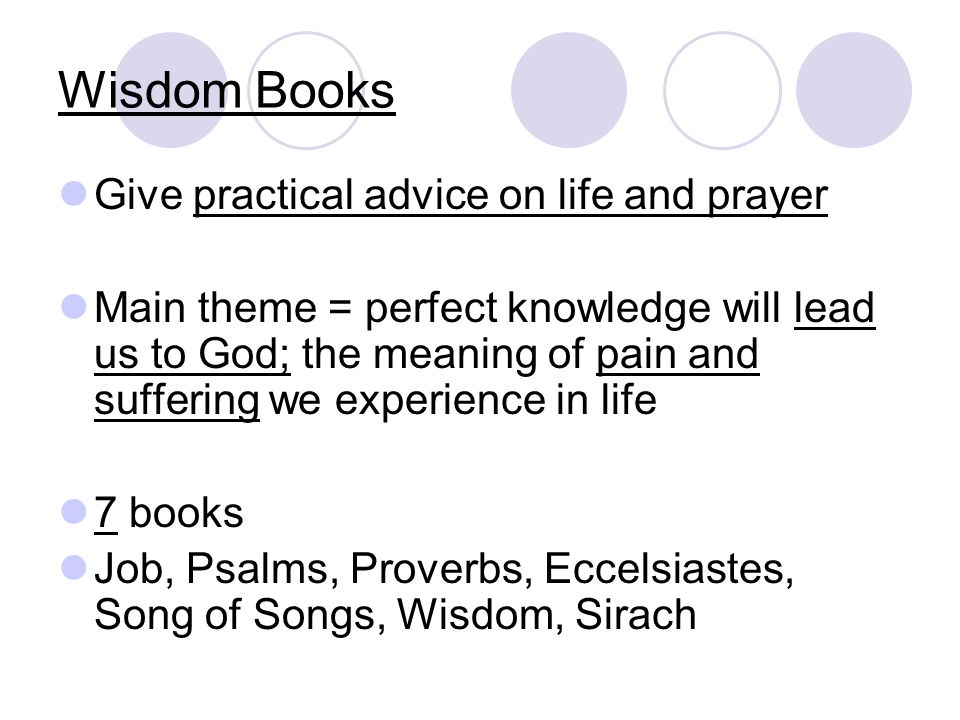 Wisdom Books Give practical advice on life and prayer