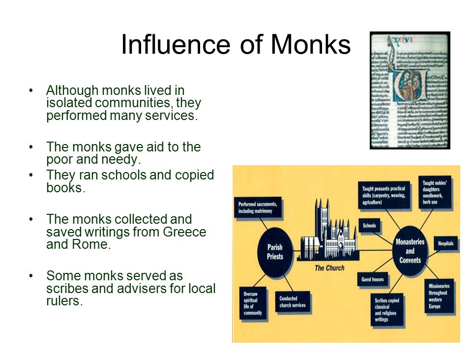Influence of Monks Although monks lived in isolated communities, they performed many services. The monks gave aid to the poor and needy.