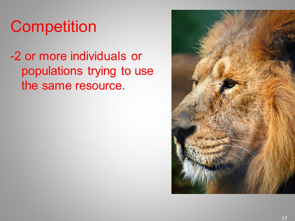 Competition -2 or more individuals or populations trying to use the same resource.