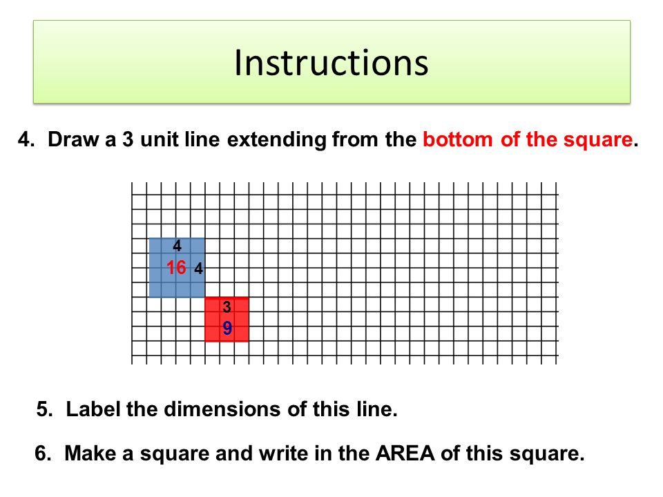 Instructions 4. Draw a 3 unit line extending from the bottom of the square Label the dimensions of this line.
