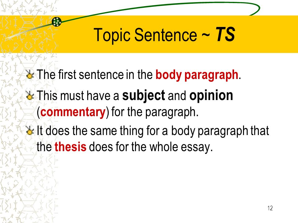 Topic Sentence ~ TS The first sentence in the body paragraph.
