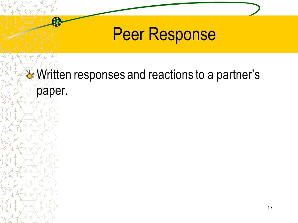 Peer Response Written responses and reactions to a partner’s paper.