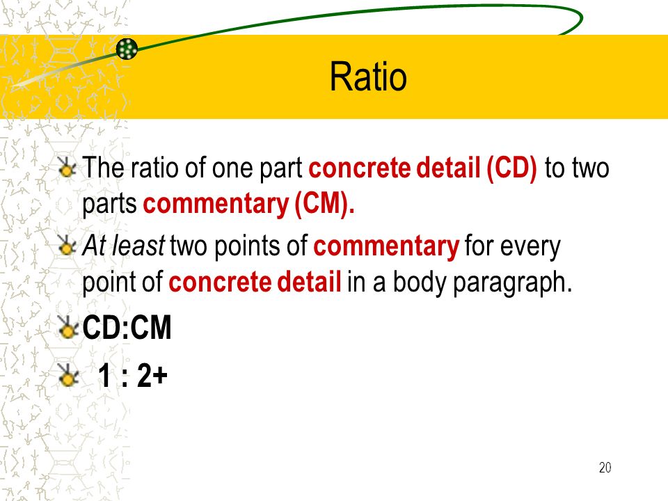Ratio The ratio of one part concrete detail (CD) to two parts commentary (CM).
