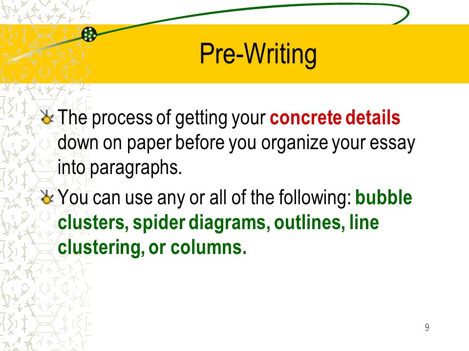 Pre-Writing The process of getting your concrete details down on paper before you organize your essay into paragraphs.