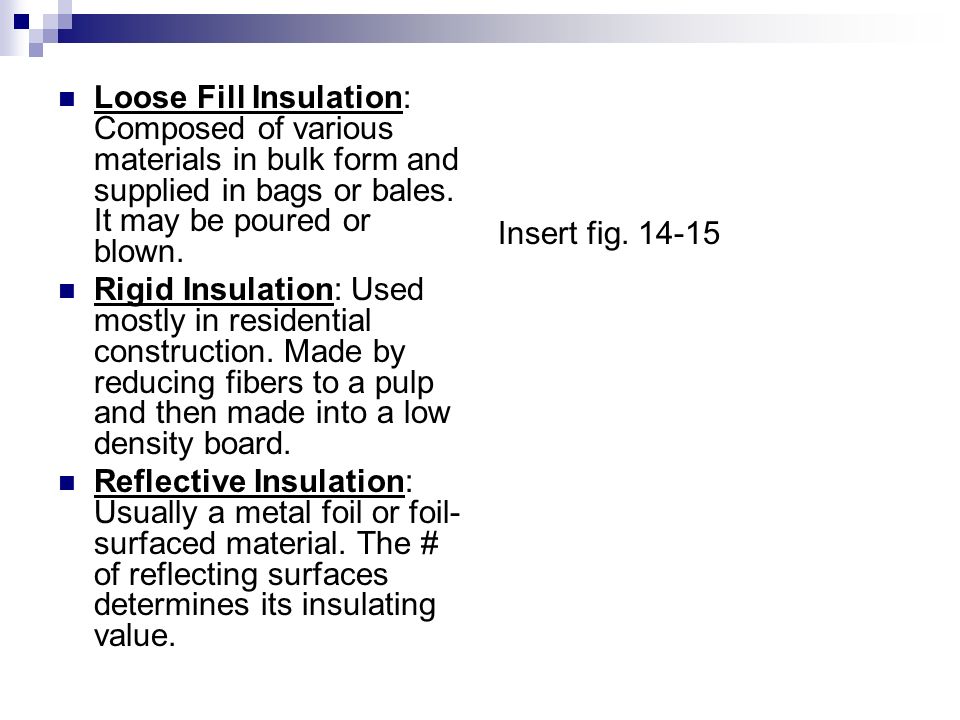 Loose Fill Insulation: Composed of various materials in bulk form and supplied in bags or bales. It may be poured or blown.