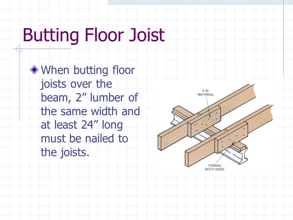 Butting Floor Joist When butting floor joists over the beam, 2 lumber of the same width and at least 24 long must be nailed to the joists.