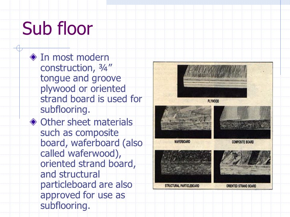 Sub floor In most modern construction, ¾ tongue and groove plywood or oriented strand board is used for subflooring.