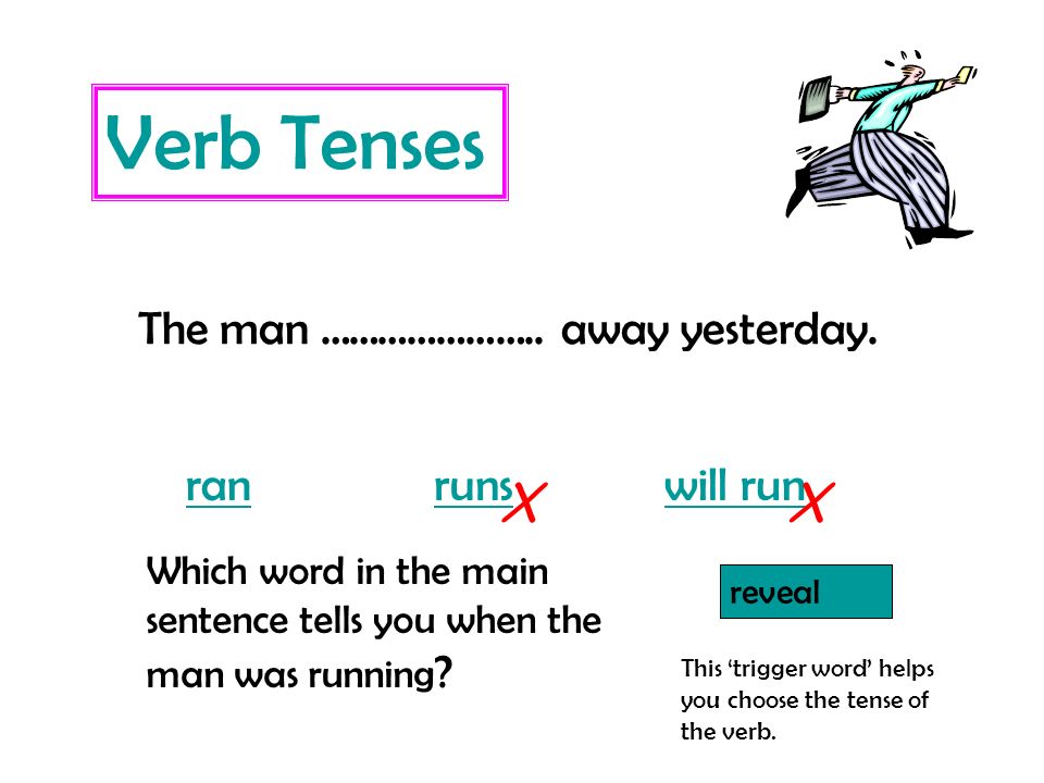 Verb Tenses X X The man ………………….. away yesterday. ran runs will run