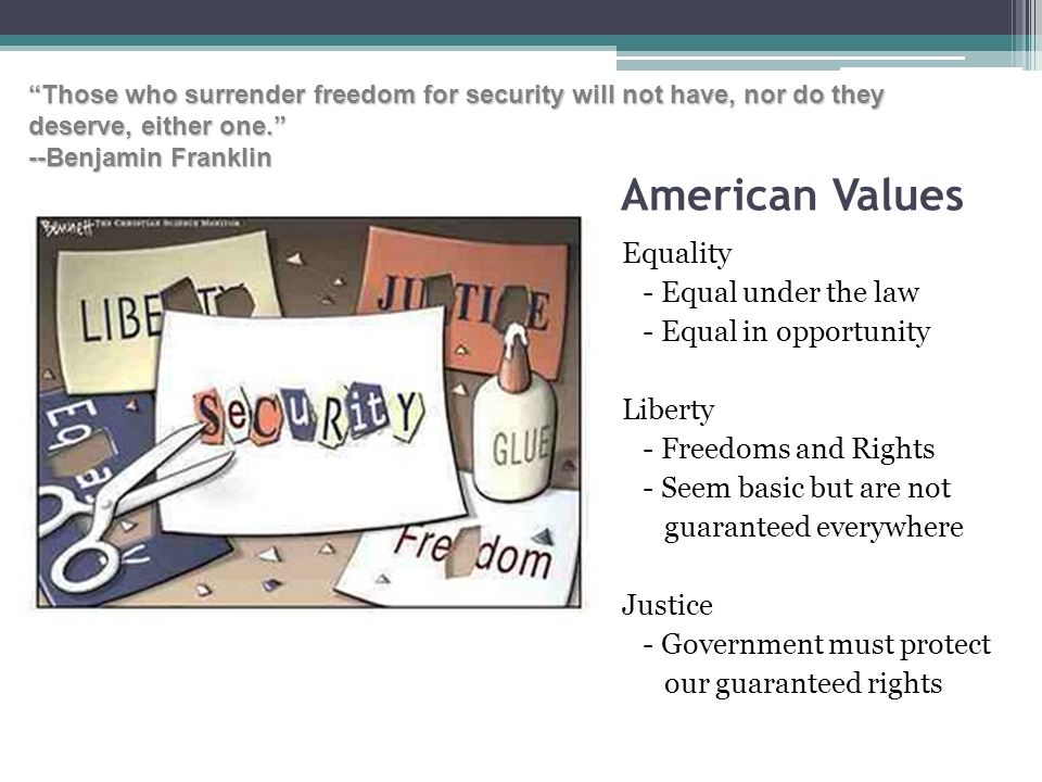 American Values Equality - Equal under the law - Equal in opportunity