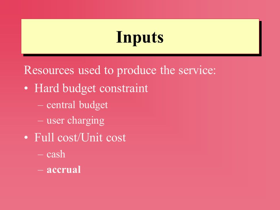 Inputs Resources used to produce the service: Hard budget constraint