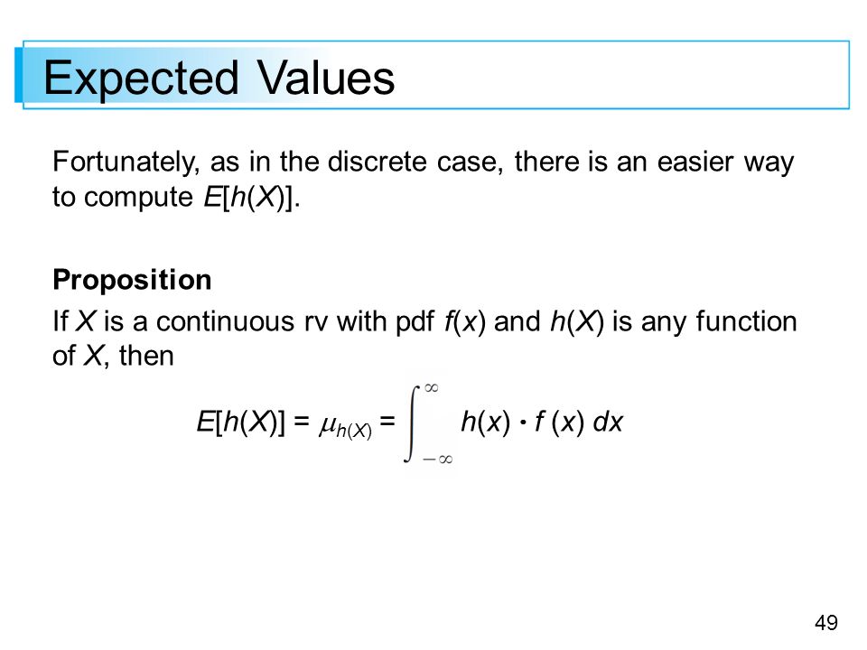 Expected Values Fortunately, as in the discrete case, there is an easier way to compute E[h(X)]. Proposition.