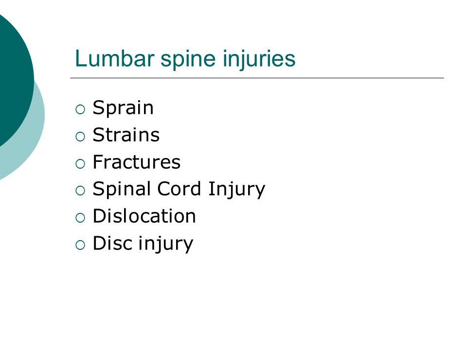 Lumbar spine injuries Sprain Strains Fractures Spinal Cord Injury