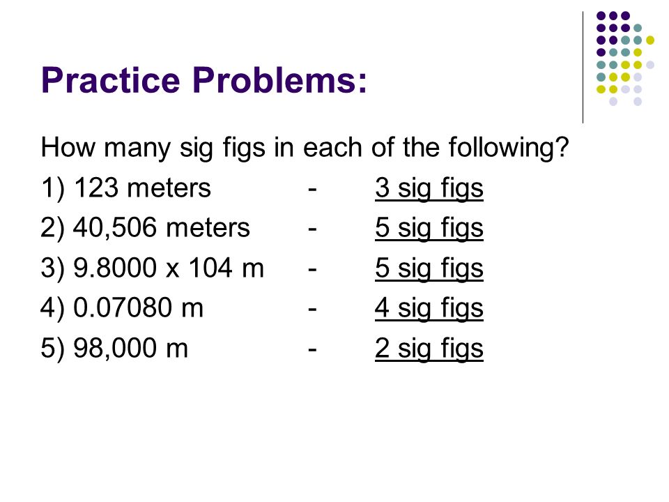 Practice Problems: How many sig figs in each of the following