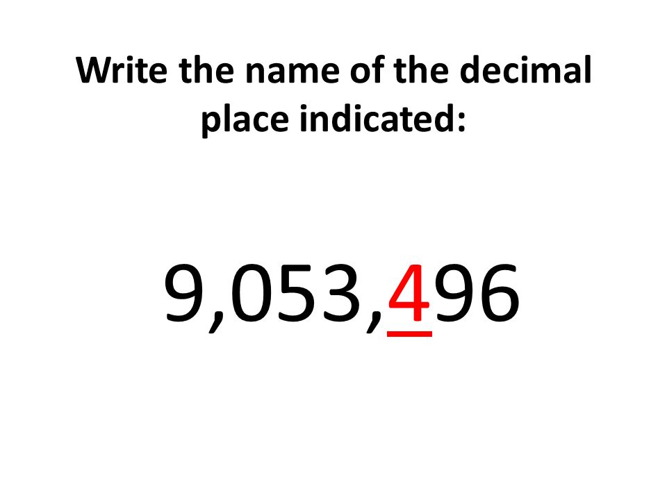 Write the name of the decimal place indicated: 9,053,496