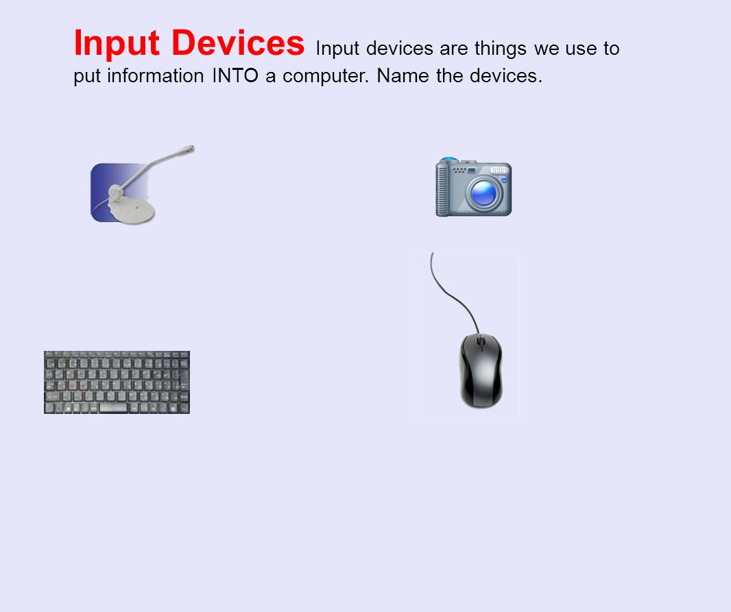 Input Devices Input devices are things we use to put information INTO a computer. Name the devices.