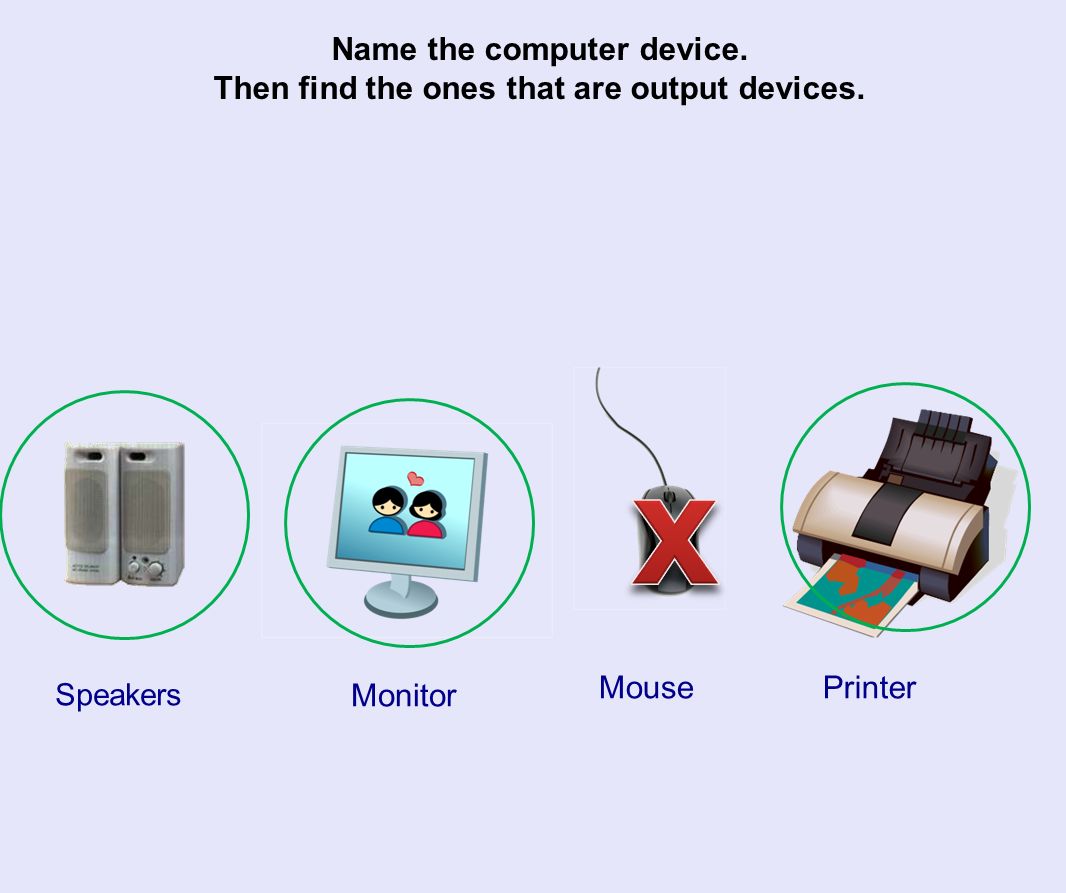 Name the computer device. Then find the ones that are output devices.