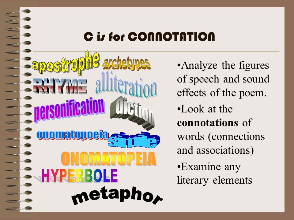 C is for CONNOTATION apostrophe. archetypes. Analyze the figures of speech and sound effects of the poem.