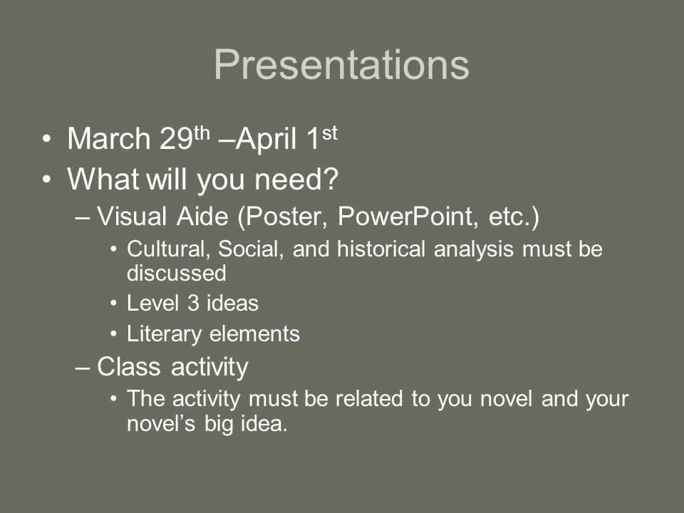 Presentations March 29th –April 1st What will you need