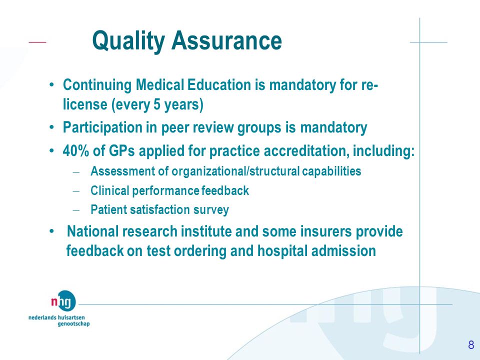 Quality Assurance Continuing Medical Education is mandatory for re- license (every 5 years) Participation in peer review groups is mandatory.