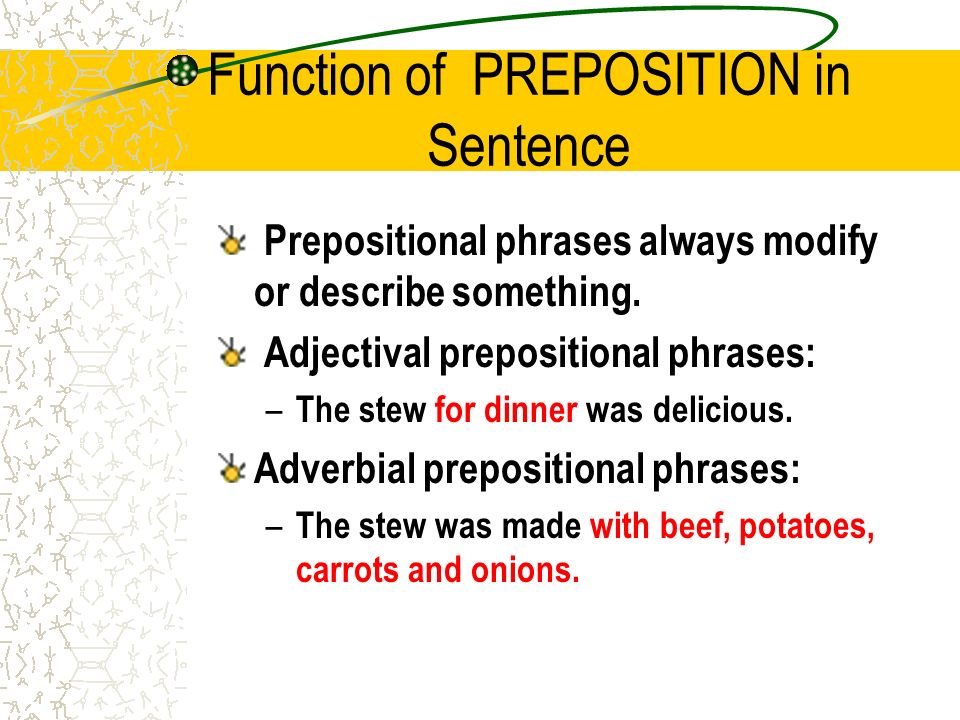 Function of PREPOSITION in Sentence