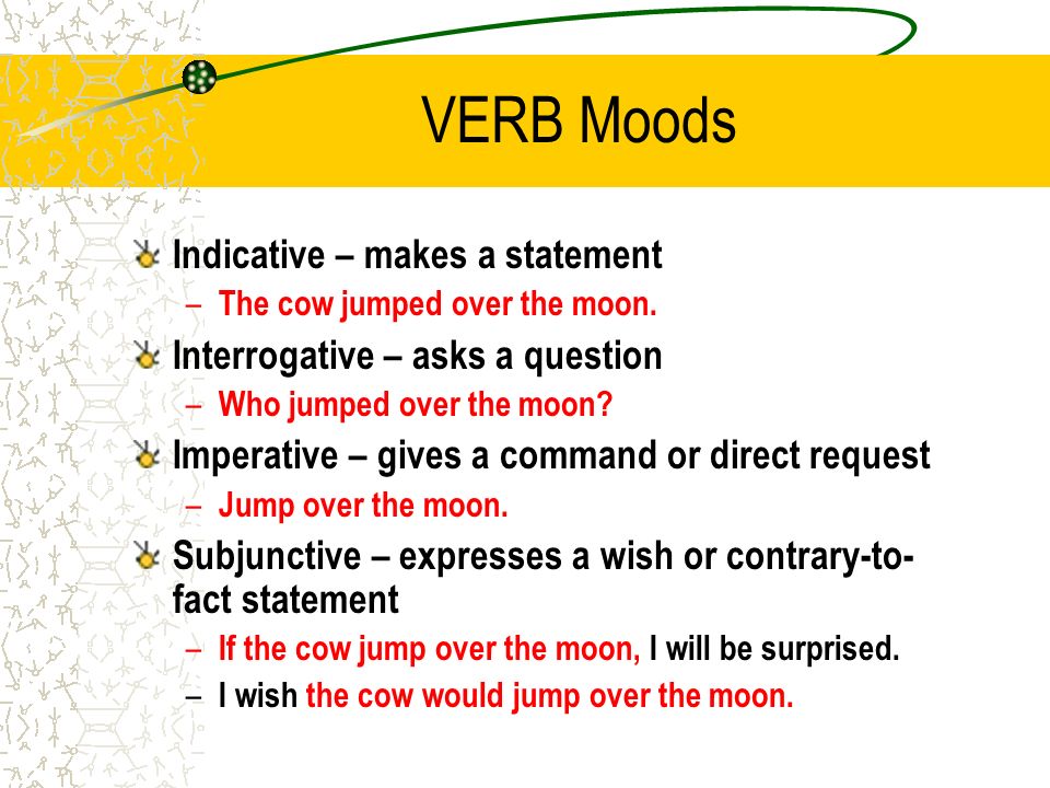 VERB Moods Indicative – makes a statement