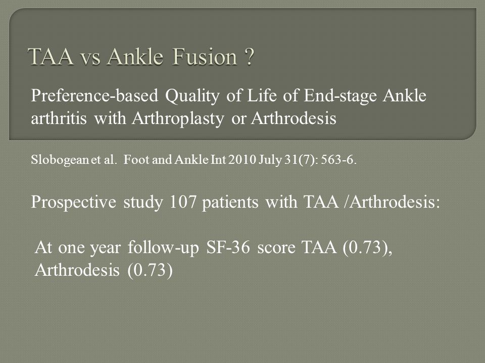 TAA vs Ankle Fusion Preference-based Quality of Life of End-stage Ankle arthritis with Arthroplasty or Arthrodesis.