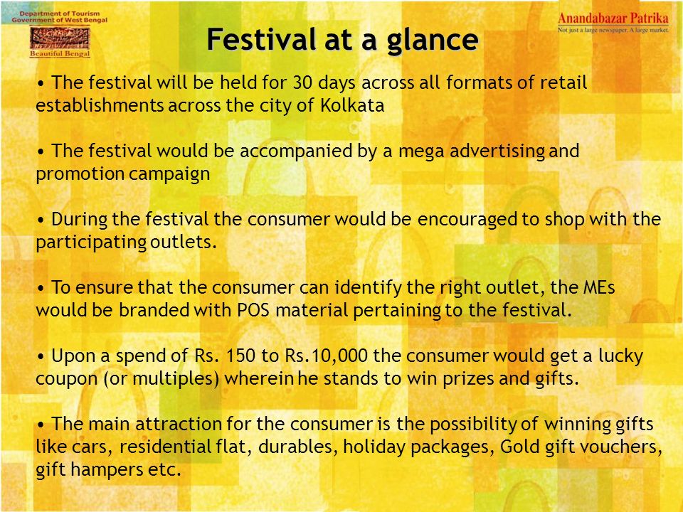 Festival at a glance The festival will be held for 30 days across all formats of retail establishments across the city of Kolkata.