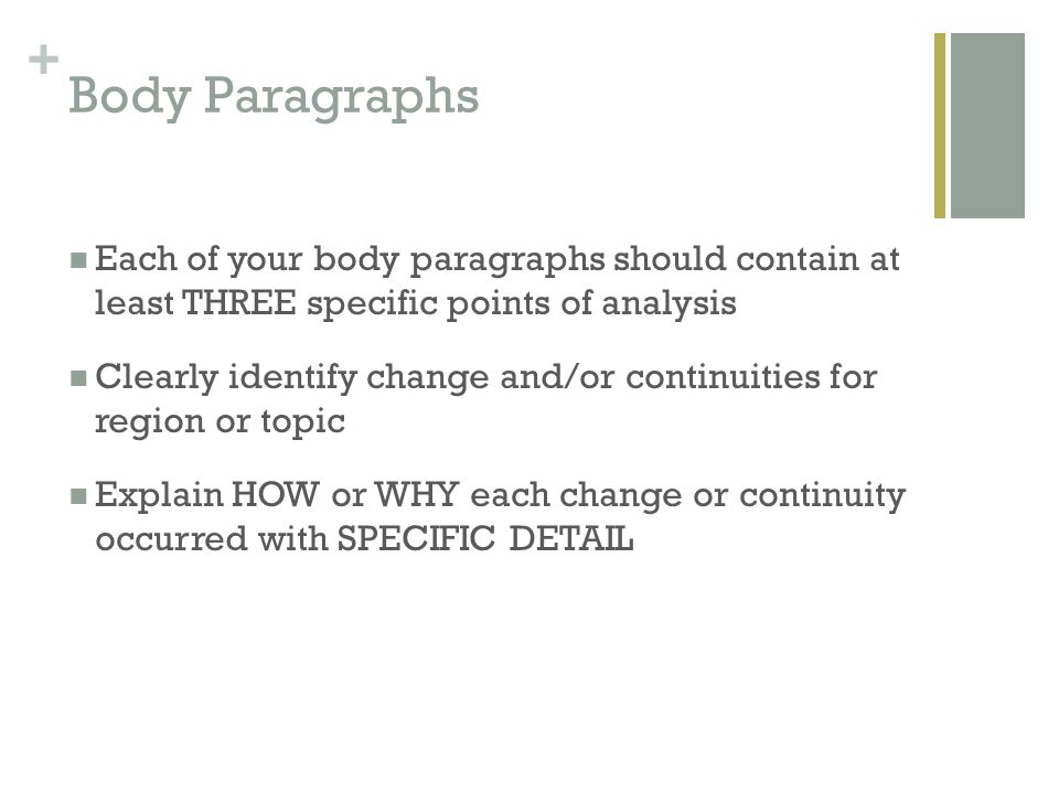 Body Paragraphs Each of your body paragraphs should contain at least THREE specific points of analysis.