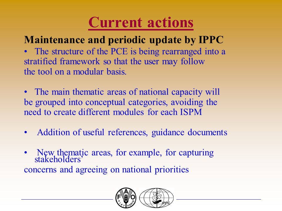 Current actions Maintenance and periodic update by IPPC