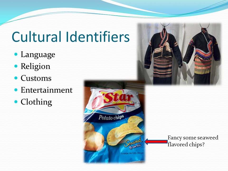 Cultural Identifiers Language Religion Customs Entertainment Clothing