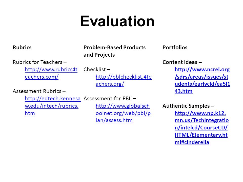Evaluation Rubrics Rubrics for Teachers –