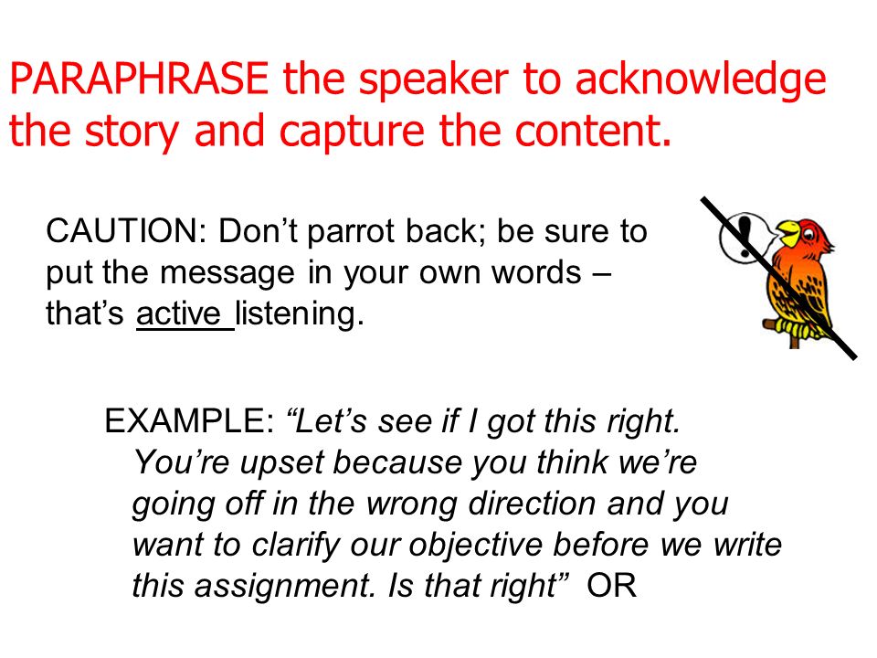 PARAPHRASE the speaker to acknowledge the story and capture the content.