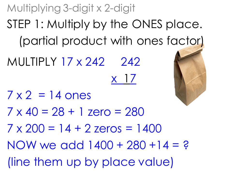 STEP 1: Multiply by the ONES place. (partial product with ones factor)