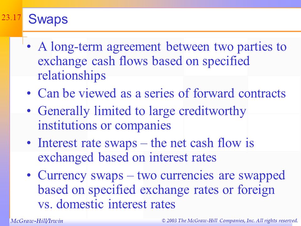 Swaps A long-term agreement between two parties to exchange cash flows based on specified relationships.