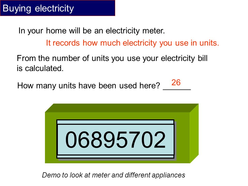 Buying electricity In your home will be an electricity meter. It records how much electricity you use in units.