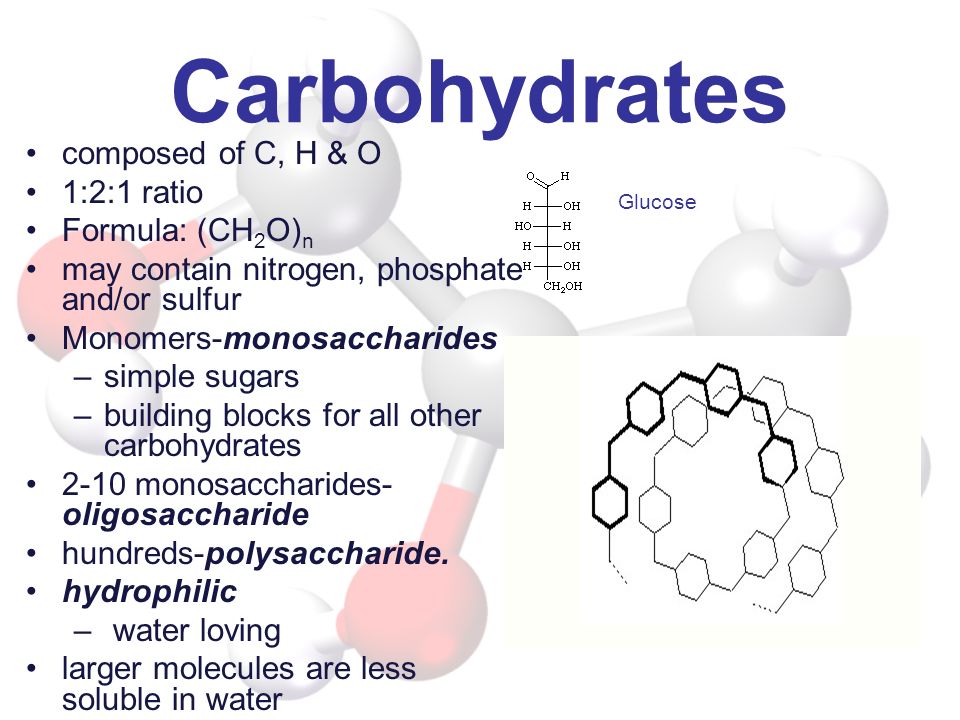 Carbohydrates composed of C, H & O 1:2:1 ratio Formula: (CH2O)n