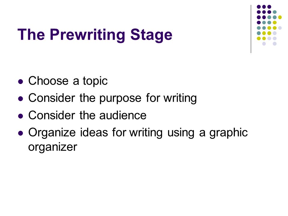 The Prewriting Stage Choose a topic Consider the purpose for writing