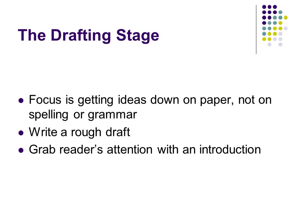 The Drafting Stage Focus is getting ideas down on paper, not on spelling or grammar. Write a rough draft.