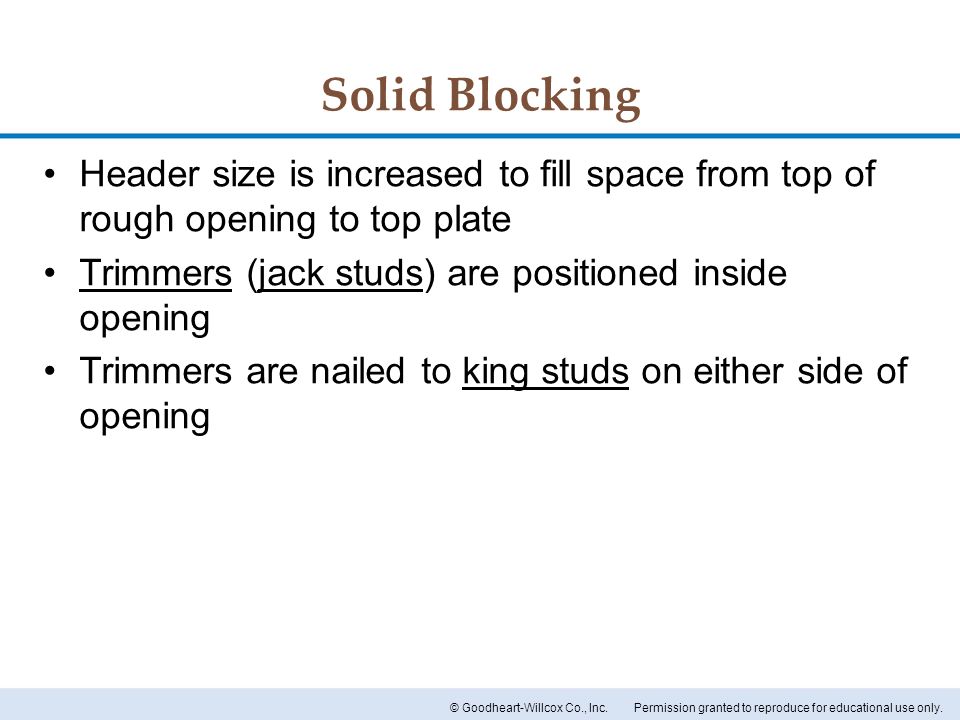 Solid Blocking Header size is increased to fill space from top of rough opening to top plate. Trimmers (jack studs) are positioned inside opening.