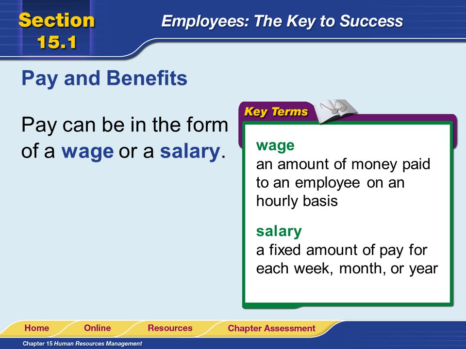 Pay can be in the form of a wage or a salary.