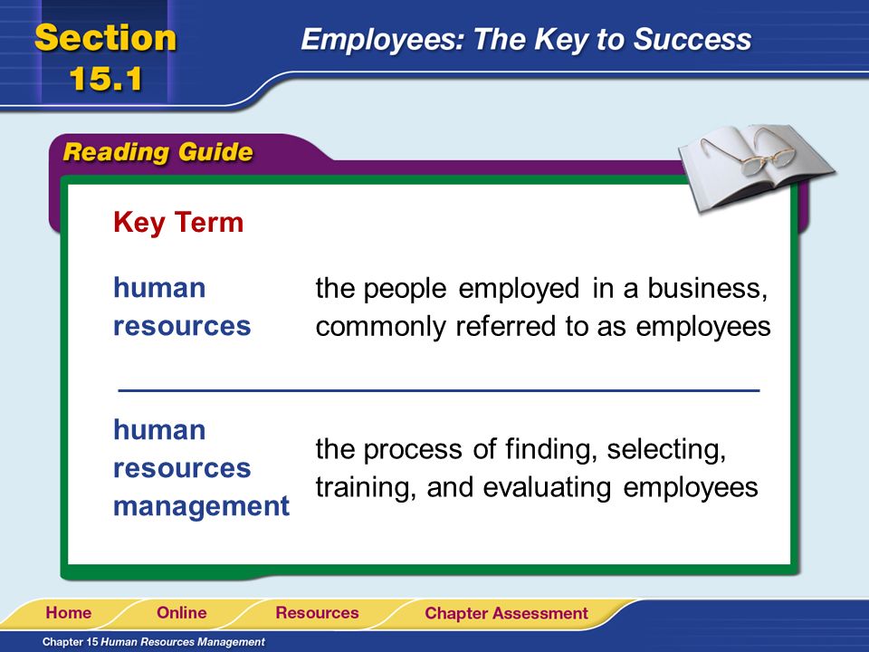 Key Term human resources. the people employed in a business, commonly referred to as employees. human resources management.