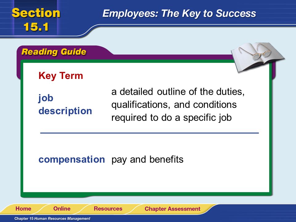 Key Term a detailed outline of the duties, qualifications, and conditions required to do a specific job.
