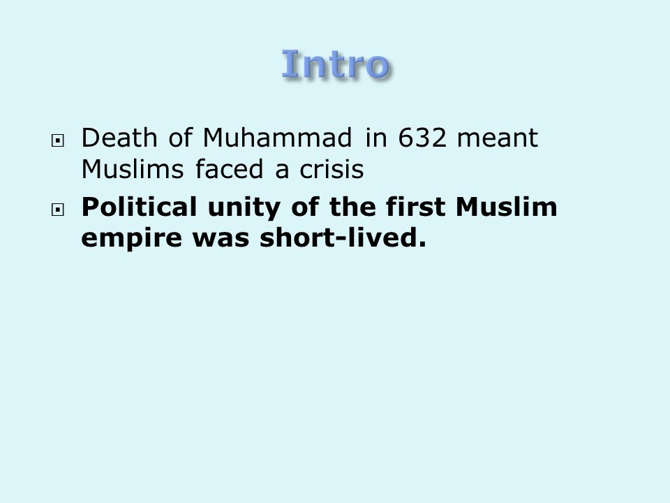 Intro Death of Muhammad in 632 meant Muslims faced a crisis
