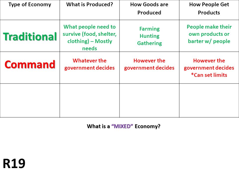 R19 Traditional Command Type of Economy What is Produced