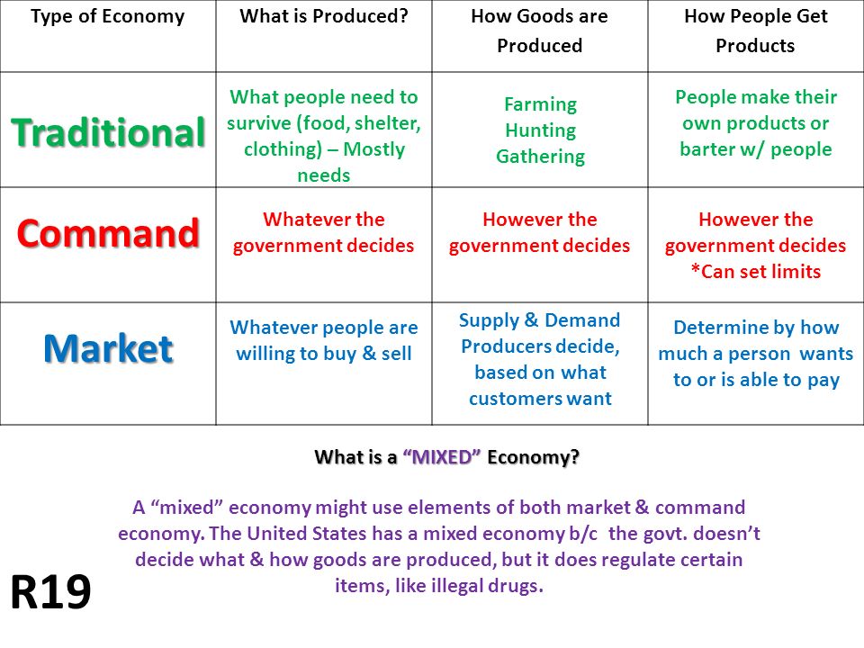 R19 Traditional Command Market Type of Economy What is Produced