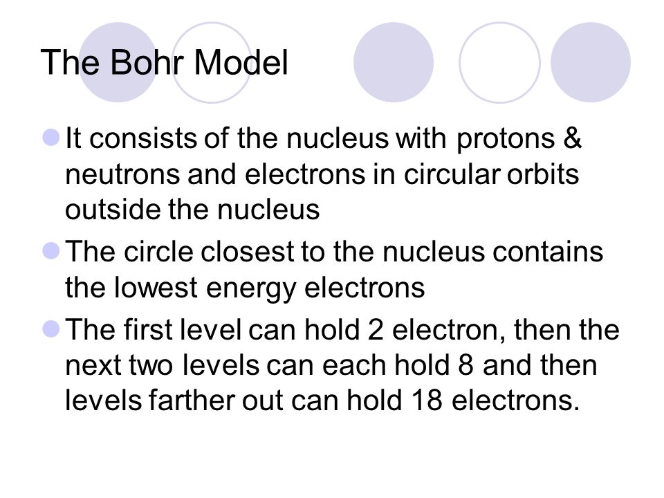The Bohr Model It consists of the nucleus with protons & neutrons and electrons in circular orbits outside the nucleus.