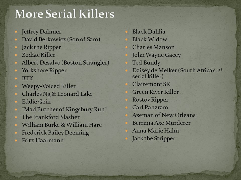 More Serial Killers Jeffrey Dahmer David Berkowicz (Son of Sam)
