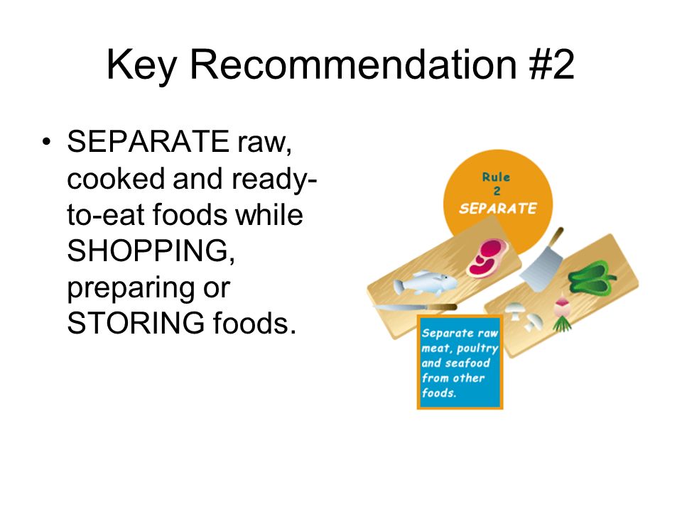 Key Recommendation #2 SEPARATE raw, cooked and ready-to-eat foods while SHOPPING, preparing or STORING foods.