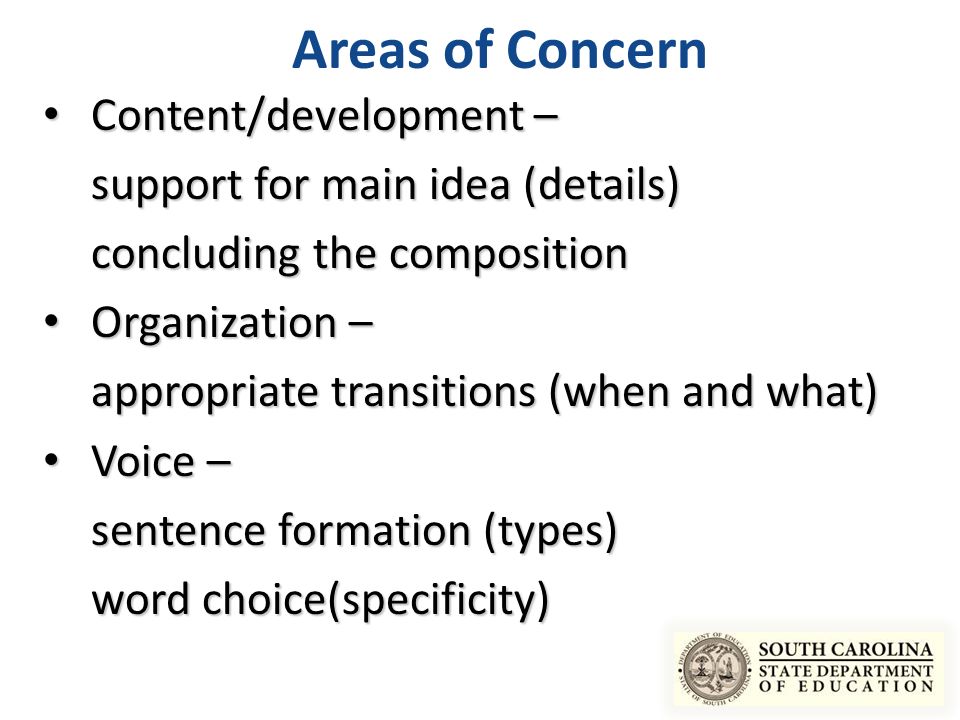 Areas of Concern Content/development – support for main idea (details)